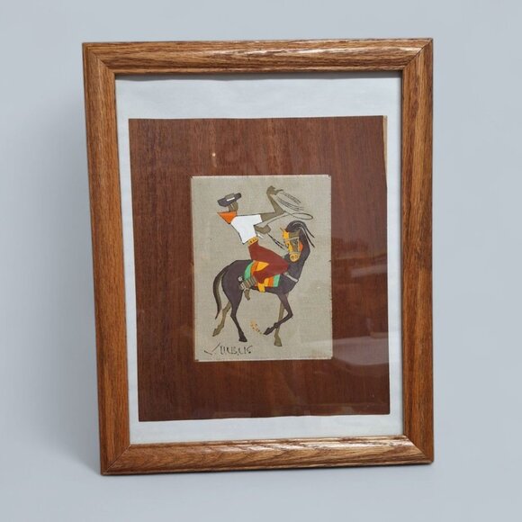 Vintage Virgilio Nabais Artwork Brazilian Horse Cowboy Framed 15 x 12 Fabric - Picture 1 of 5